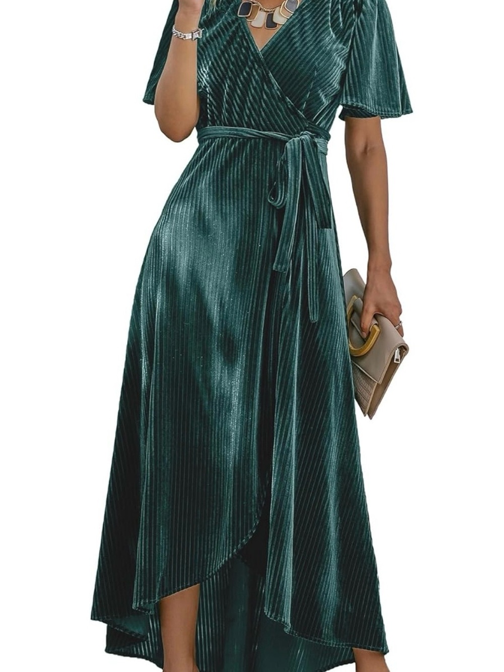 Amazon Women's Deep Green Velvet Midi Wrap Dress with Tie Waist